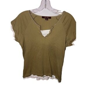 Zena Jeans Womens 1X Olive Green Layered Look Henley Short Sleeve Cotton Top